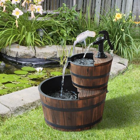 Zweistufiger Gartenbrunnen aus Holz mit Wasserfall, elektrischer Pumpe und verstellbarem Wasserauslass, 44,5 x 44,5 x 58,5 cm, Naturholz