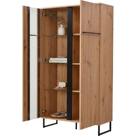 Vitrine Mentana, Ausstellungsschrank 6 Regale, Flügeltüren, 2 Türen, 84,5x35x153,5h cm, Eiche Nussbaum Braun
