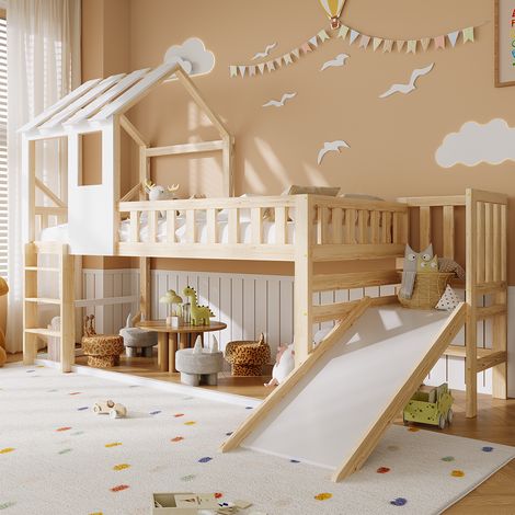 Lit cabane enfants 90 x 200 cm, lit superposé avec toboggan et échelle droite, lit mezzanine 2 places avec échelle, structure en pin, naturel en blanc (1/5)