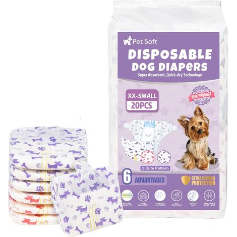 Pet Soft Lot de 20 Couche Chien Femelle - Super Absorbantes Couches jetables pour Chiens Femelles avec indicateur d'humidité (XXS, 20 Unité) (1/5)