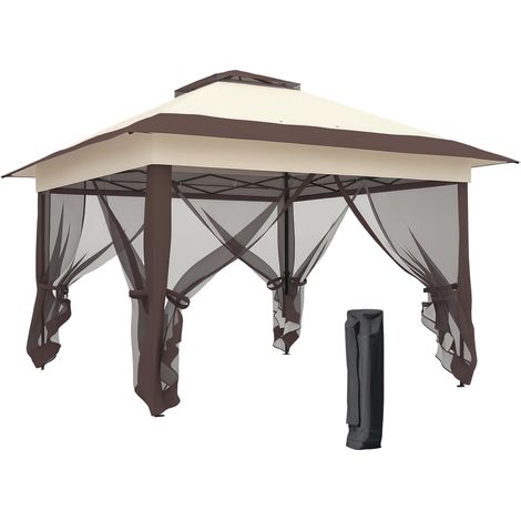 Tonnelle barnum de jardin pop-up pliant acier polyester moustiquaires + sac de transport à roulettes kaki marron (1/5)