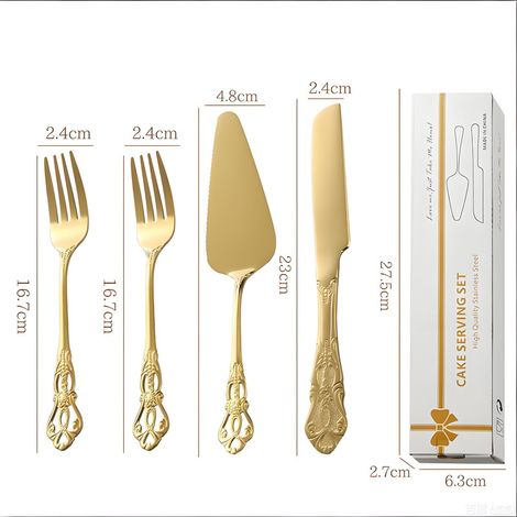 Service à Dessert 4 Pièces en Inox Style Baroque – Avec Spatule à Gâteau et Couteau à Pizza, Design Relief Haut de Gamme, Doré – Idée Cadeau (1/4)