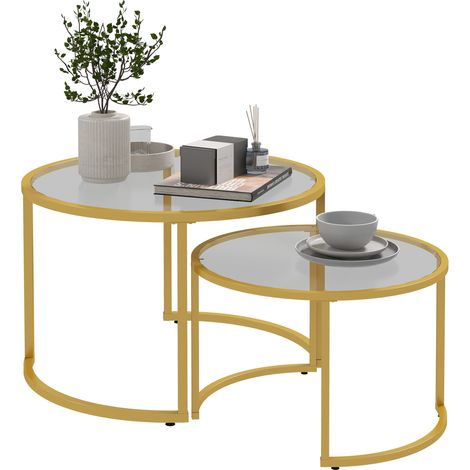Lot de 2 tables basses gigognes rondes plateau verre trempé et pied en acier au carbone doré (1/5)