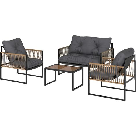 Canapé de jardin ratan synthétique 2 places avec 2 fauteuils et table basse, coussins gris