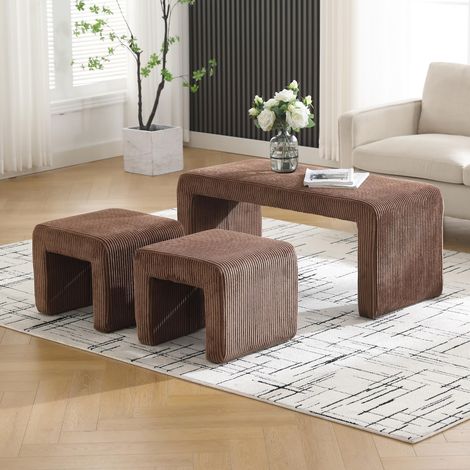 Wahson Fabric Bench with 2 Footstools, Upholstered Bed End Bench, Modern Accent Bench with Window Seat for Bedroom, Living Room, Hallway, Brown (1/5)