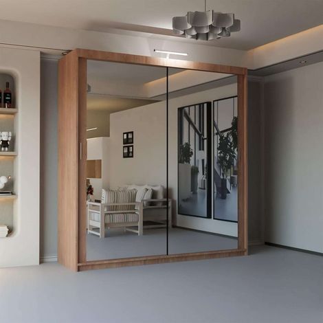 Modern 2 & 3 Door Sliding Wardrobe with Full-Length Mirror & LED Light - Walnut120cm