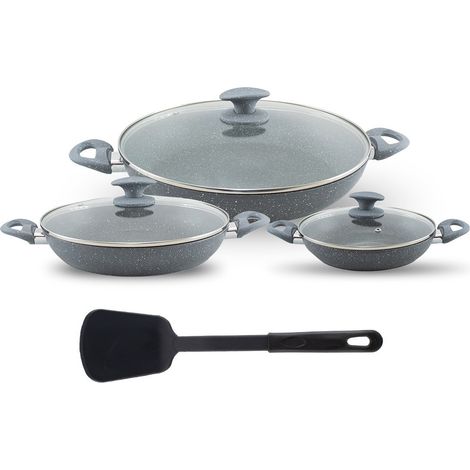 BAVARIA Ensemble 7 casseroles pierre antiadhésive GRIS 24-28-32cm couvercles