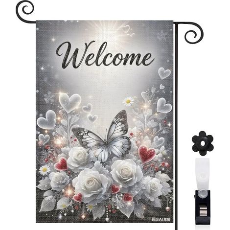 Drapeau de jardin printemps été 30 x 45 cm motif fleurs et papillon toile durable double face pour cour et balcon (1/5)