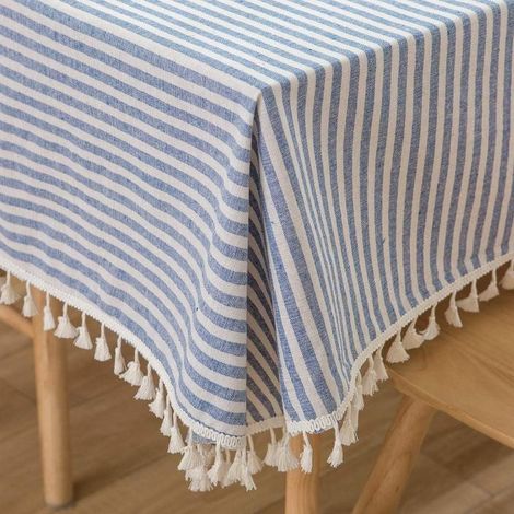 Quadratische Tischdecke aus Baumwolle und Leinen mit Streifen und Quasten, staubdicht, ideal zum Dekorieren des Küchen- und Esstisches (140 cm x 140 cm, blau) (1/5)