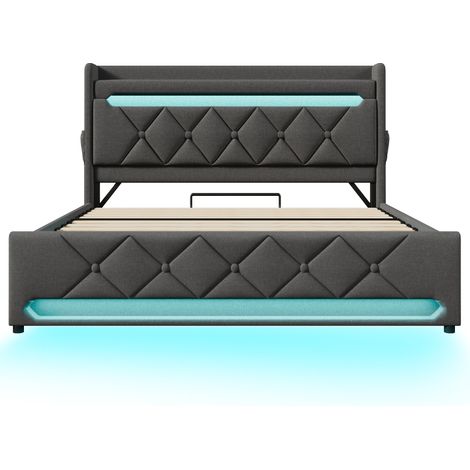 CAIziLit rembourré 140x200 gris, tête-lit rangement, USB-C, LED 360° (1/5)
