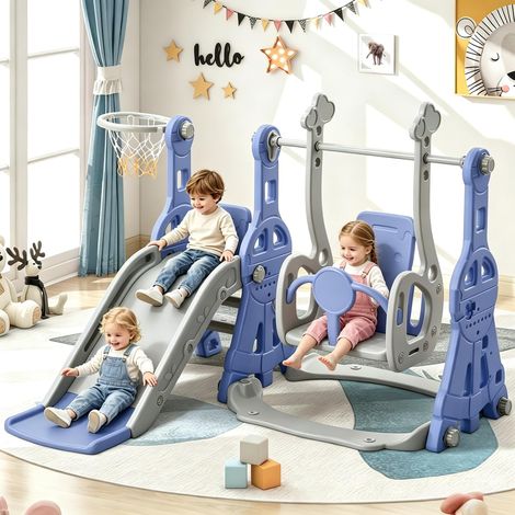 FOERPL-4-in-1 Kinderrutsche, Babyrutsche ab 1 Jahr Outdoor mit Basketballkorb, Schaukelstuhl, Schaukel, Rutsche für drinnen und draußen für Kleinkinder Indoor und Outdoor Freistehende Rutsche