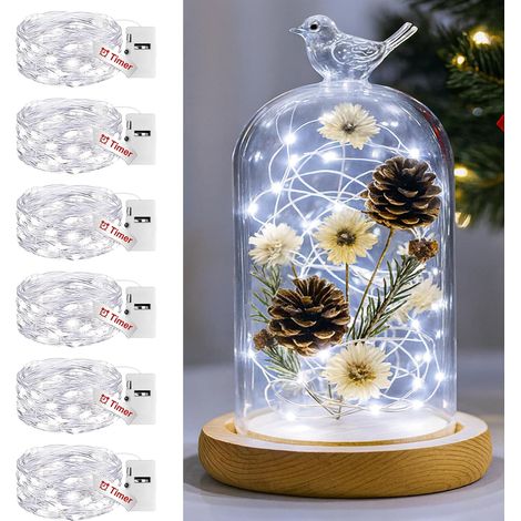 6x guirlande led à pile, 2 m / 20 led, blanc froid, minuterie 6h, étanche ip65, pour intérieur extérieur fête mariage noël