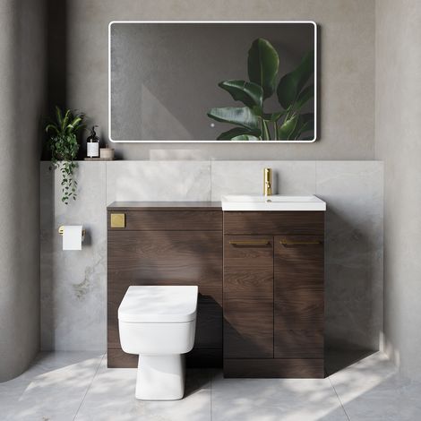Napoli 390 Cento Brown Oak 1100mm 2 Door Vanity Unit Toilet Suite with Glide Basin - 1100mm - Brushed Brass 160mm HandleWith Kingston Toilet Pan and Seat