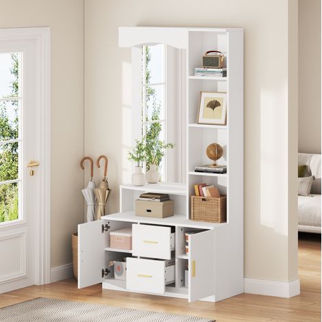 Mobile da ingresso 90x40x180 cm bianco in MDF con specchio, 2 cassetti, 2 ante e ripiani (1/5)