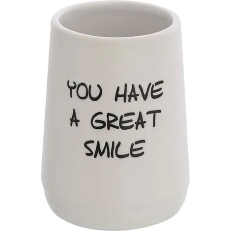 Portaspazzolini a bicchiere linea Wash in ceramica bianco con scritte nere (1/2)