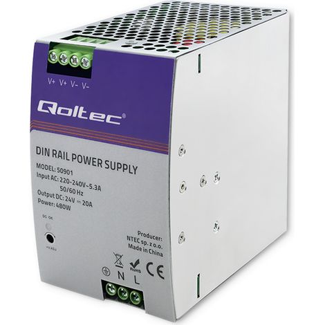 Alimentatore industriale Qoltec per guida DIN 480W 24V 20A (1/5)