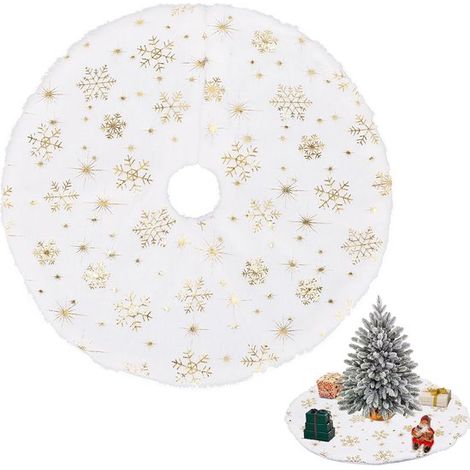 Mini jupe de sapin blanche, tapis de sapin rond blanc, 38 cm/15 pouces, décoratif, flocons de neige dorés (1/5)