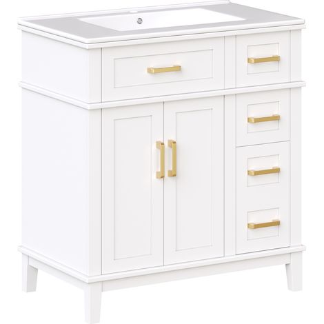 Waschbeckenunterschrank mit 2 Türen und 3 Schubladen, Keramikwaschbecken und Soft Close, Bad, MDF, 76×46.5×86 cm, Weiß (1/5)