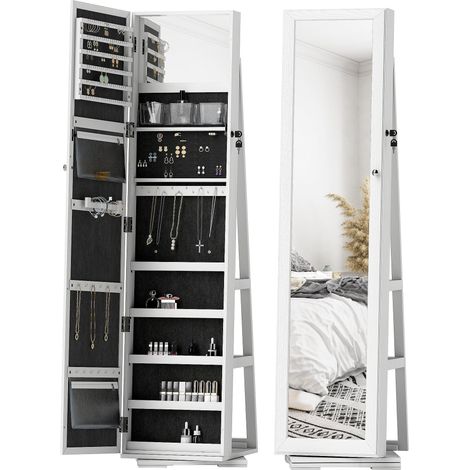 Armadio portagioie girevole cabina armadio 38 x 38 x 160 cm chiudibile a chiave specchio design contemporaneo aspetto venato in MDF bianco 210001478