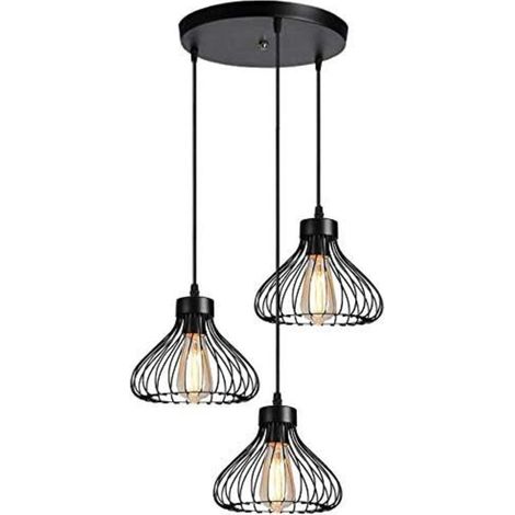 Industrielle 3-flammige Pendelleuchte, Vintage-Käfig-förmige Metall-Deckenleuchte für Küche, Esszimmer, Wohnzimmer, Schlafzimmer, Flur, Restaurant – 23 cm, Schwarz