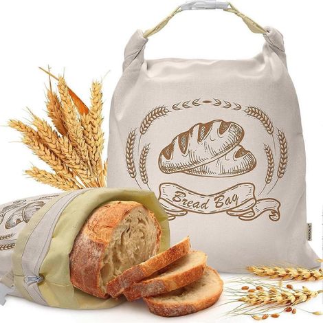 Lot de 2 sacs réutilisables pour conserver le pain fait maison, en coton biologique et cire d'abeille, adaptés à la congélation.-AquaForge