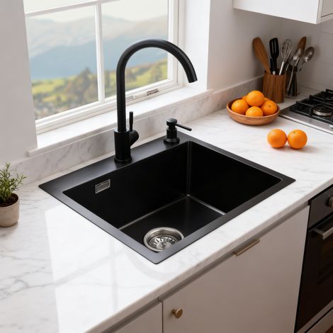 Oraymin Unterbauspüle Schwarz Matt 50x45 cm – Küchenspüle 1 Becken aus Edelstahl, Minimalistisches Design, inkl. Siphon & Zubehör