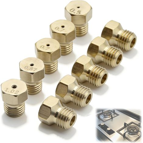 Lot de 5 Gicleur Gaz Butane, Injecteur de Gaz Bouteille Kit de Conversion, Buse et Injecteur pour Gazinière, Brûleur Gaz avec Tailles 0,5/0,7/0,87/1,02 (1/5)