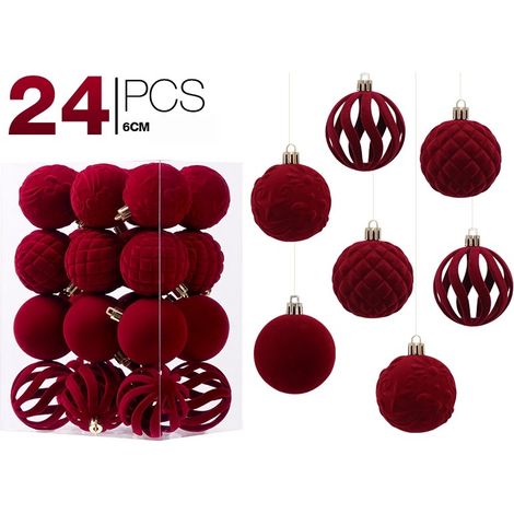 Lot de 24 boules de Noël flockées bordeaux 6 cm, ornements suspendus pour sapin de Noël, style élégant (1/5)
