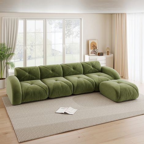 Divano angolare modulare in chenille verde 4 posti, senza montaggio