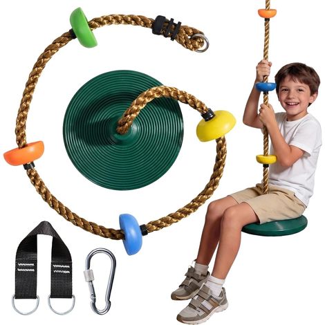 Balançoire à Corde, balançoire d'extérieur pour Enfants avec siège Frisbee, idéale pour Le Jardin et la Cour, Longueur Ajustable, Longueur 1,9 mètre. (1/5)