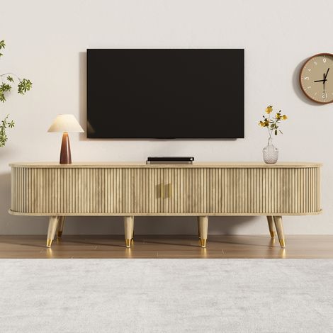 Meuble TV 175 cm - Meuble TV Bas avec Portes Coulissantes Cannelées à Lattes, 2 Tiroirs, Niches Ouvertes, Poignées et Pieds Dorés - Chêne (1/5)