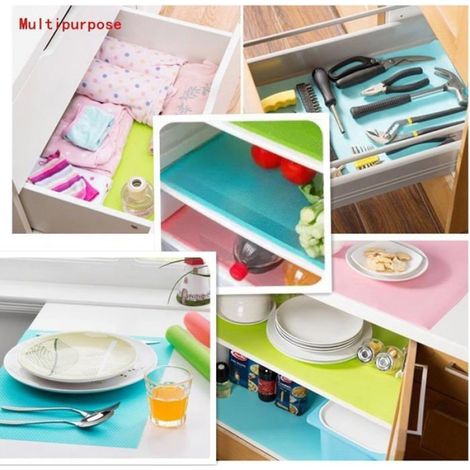 Tapis réfrigérateur lavables, lot de 9, transparents, pour étagères, tiroirs, tables, 3 rouges, 3 verts, 3 bleus, robustes (1/5)