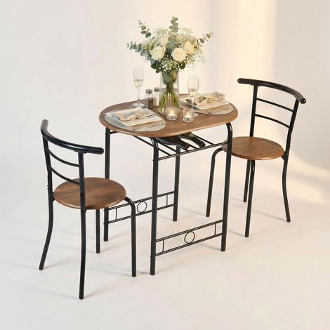FurnitureR 3-Piece Dining Set, Oval Table & 2 Chairs Set, Kitchen Breakfast Nook Wood Grain Tabletop with Metal Frame and Built-in Wine Rack for Kitchen, Dining Room (Brown/Black)