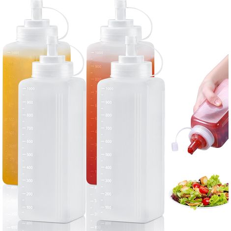 Lot de 4 bouteilles à presser - 1000 ml - Bouteilles compressibles avec bouchons - Bouteilles en plastique vides - Bouteilles à sauce pour ketchup, sauce piquante, huile d'olive (1/5)