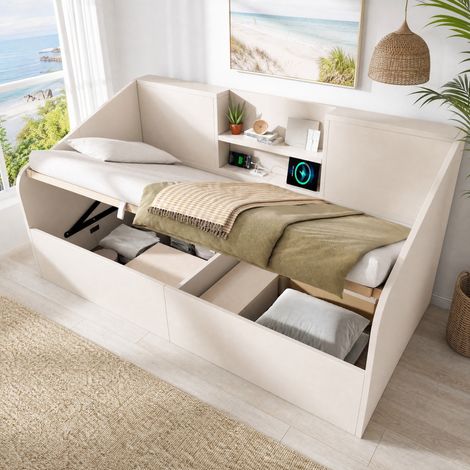 Cama de día 90x190 cm de madera blanca con almacenaje, para espacios pequeños, sin colchón – MEUBLIV (1/5)