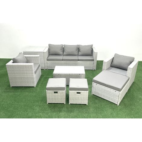 Fimous Polyrattan Sitzgruppe mit Rechteckiger Couchtisch 2 Sesseln 3 Fußhockern Beistelltisch Hellgrau gemischt