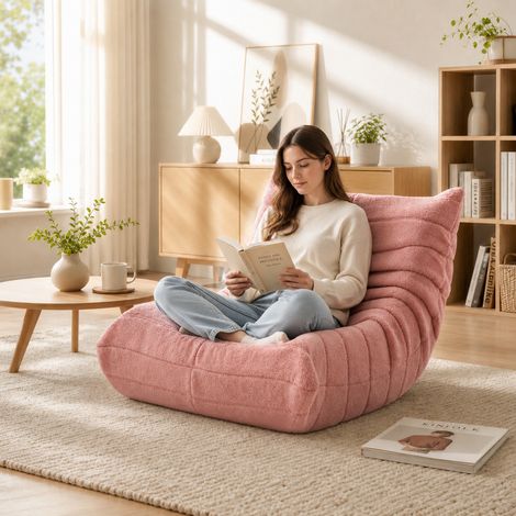 Pouf Canapé-Pouf avec Rembourrage, Canapé de Sol Confortable avec dossier, Fauteuil paresseux en teddy rose pour Salon et Chambre, Jeux, Lecture, Détente