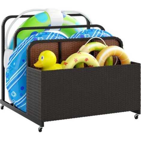 Rotin PE et cadre métal galvanisé, chariot de rangement extérieur à roulettes pour piscine, terrasse et jardin (1/5)