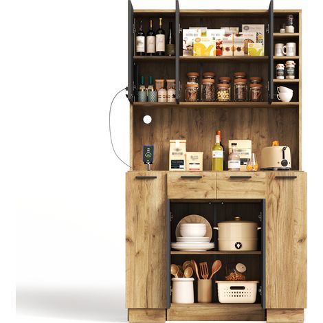 Armoire de cuisine, colonne avec LED, étagère de cuisine avec prise et étagère à épices verticale extractible à 4 niveaux, étagère à vin et vitrine pour cuisine et salle à manger, 180 × 100 × 40 cm (1/5)