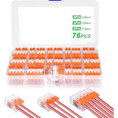 (76 Pièces) Connecteur Electrique,Compacts Rapide Cosses,Borne de Connexion Electrique,38 Pcs 2 Entrées, 24 Pcs 3 Entrées,14 Pcs 5 Entrées Assortiment (1/5)