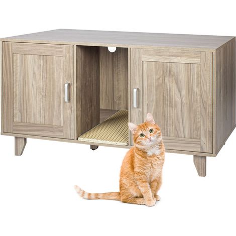 Relaxdays Cat Cabinet for Litter Tray, XXL, 2 Compartments, with Litter Mat, HWD: 65x120x52 cm, Grey-Brown