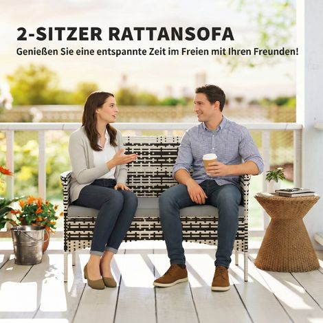 Canapé 2 places en rotin PE pour jardin, sofa terrasse extérieur avec coussins, tapis antidérapants, cadre en acier, gris clair (1/5)