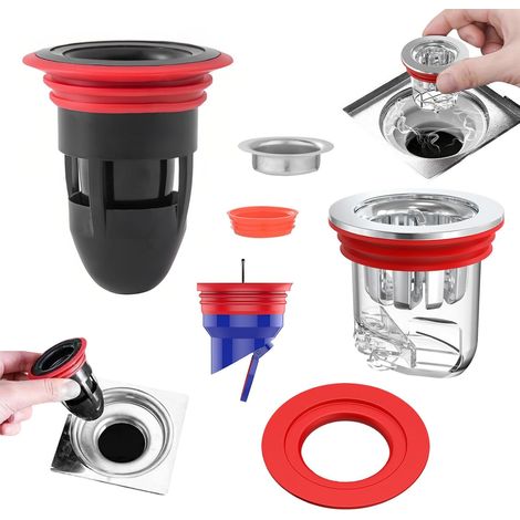 Lot de 3 bouchons anti-odeurs universels pour douche et siphon de sol, 32 à 55 mm, avec adaptateur, anti-odeurs, pour salle de bain, cuisine, cave, bouchon d'écoulement (1/5)