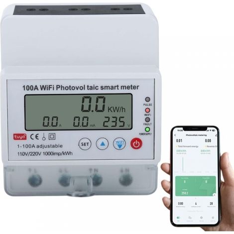 Compteur d'Énergie Intelligent WiFi 100A Monophasé 4P Tuya Smart WIFI Compteur d'énergie Photovoltaïque Disjoncteur Minuterie Interrupteur Compteur d'énergie Solaire Bidirectionnel