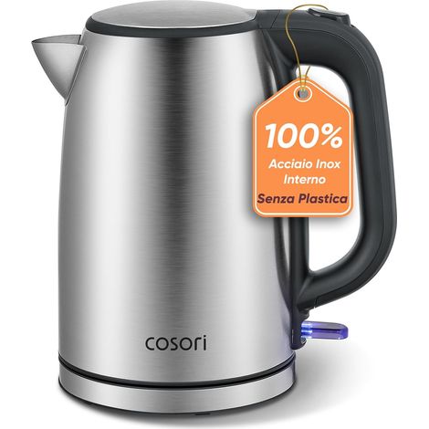 COSORI Bouilloire Électrique Inox, 1,7 L, 2200 W, Sans Plastique au Contact de L'eau, Technologie Strix, Ébullition en 3 Minutes, Large Ouverture, Base Pivotante à 360°, Argent (1/5)