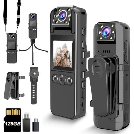 Caméra corporelle 4K – 128 Go – Objectif rotatif à 180° – Autonomie de 6 heures et vision nocturne – Pour la sécurité et un usage quotidien (1/4)