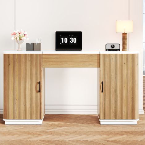 Höhenverstellbarer Schreibtisch - 140 x 50 cm - computertisch mit anhebbarer tischplatte, verdecktem stauraum, 2 schubladen, 2 fächern, schminktisch modern, MDF - weiß (1/5)