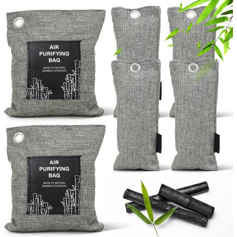 Purificatore d'aria a 6 pezzi, sacchetto deodorante al carbone di bambù, assorbente dell'umidità, rimuove gli odori di formaldeide da scarpe, auto e mobili del bagno. (1/5)