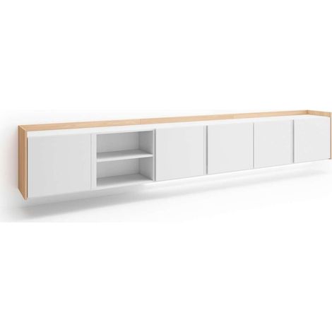Mueble TV Secadero-01 de 309x50x35 cm suspendido, con puertas abatibles, luces LED, color blanco y roble soft (1/4)