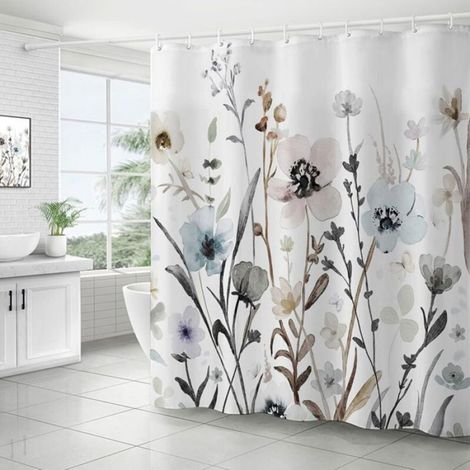Un rideau de douche orné d'un motif floral aquarelle rose poudré et bleu, comportant 12 crochets en plastique, mesurant 180 x 200 (1/4)